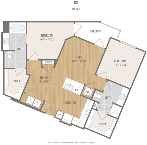 Floor plan for 2 beds, 2 baths, 1088 sqft